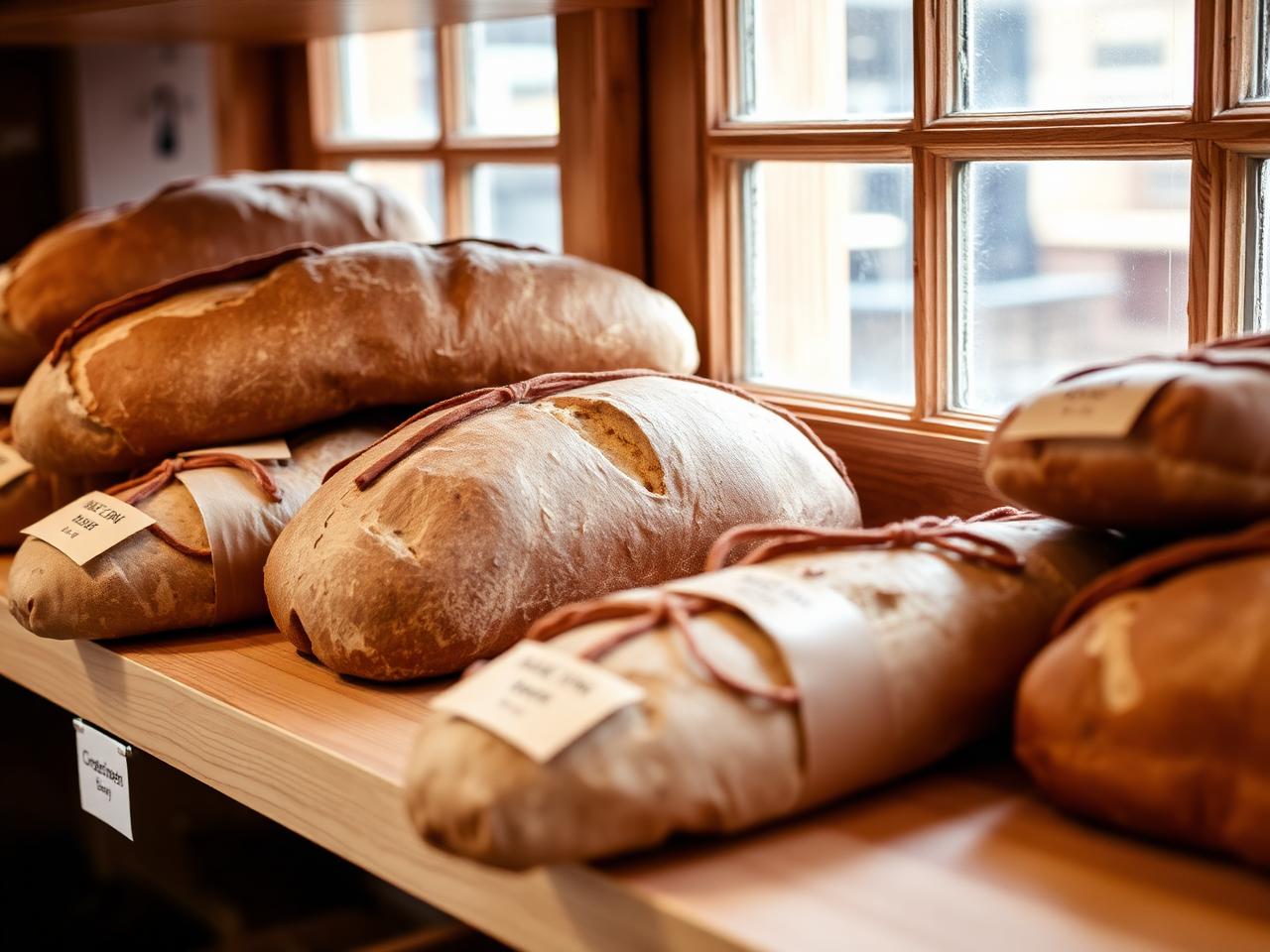 Rustic artisan loaves wrapped in kraft paper on a wooden bakery shelf