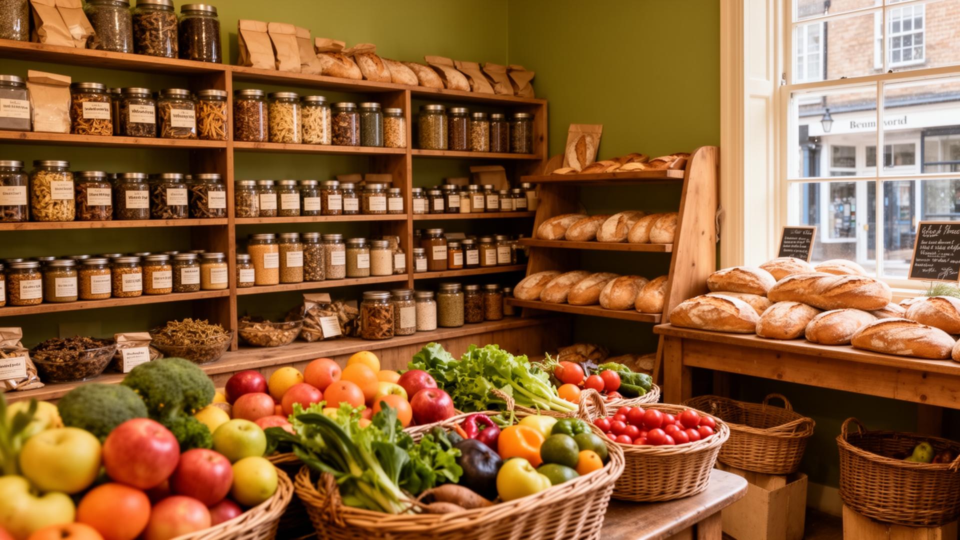 Inside Fodder Wholefoods — shelves of jars, baskets of fresh produce and artisan bread