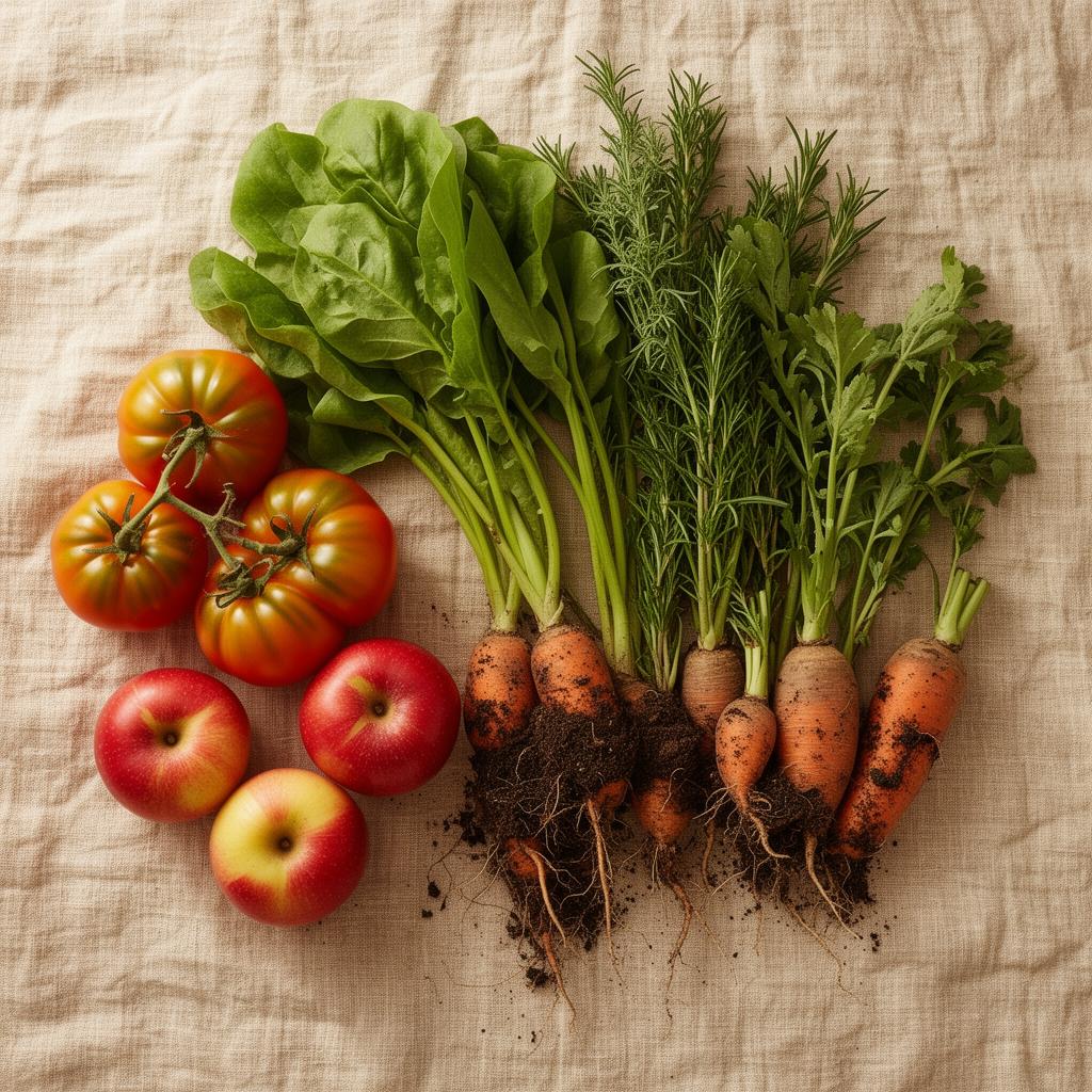 Fresh organic produce on linen — tomatoes, leafy greens, carrots with soil